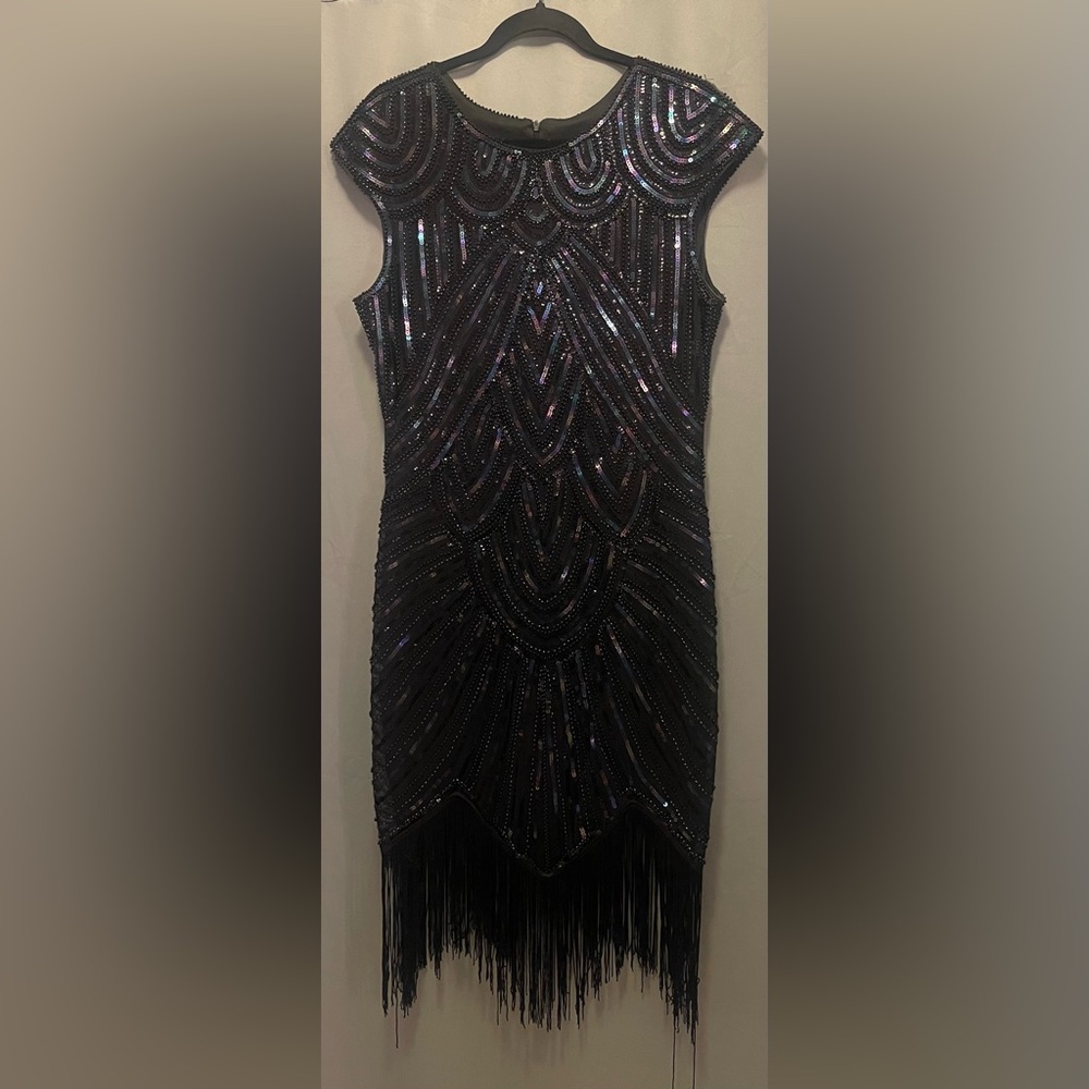Black color shift Sequin Fringe Dress 1920s Flapper Beaded